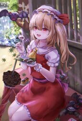 Rule 34 | ascot, back bow, bow, closed umbrella, collarbone, collared shirt, day, fangs, feet out of frame, flandre scarlet, food, frilled shirt collar, frilled skirt, frilled sleeves, frills, hat, hat ribbon, highres, holding, holding food, looking at another, mob cap, nail polish, outdoors, pink bow, pink nails, puffy short sleeves, puffy sleeves, red eyes, red ribbon, red skirt, red umbrella, red vest, remilia scarlet, remilia scarlet (bat), ribbon, sabakuomoto, shirt, short sleeves, sitting, skirt, skirt set, touhou, umbrella, vest, water, waterfall, white headwear, white shirt, wrist cuffs, yellow ascot