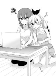 Rule 34 | 10s, 2girls, alternate hairstyle, anchovy (girls und panzer), artist name, blush, camisole, closed mouth, commentary, computer, couple, drill hair, frustrated, girls und panzer, greyscale, hair ribbon, heart, highres, laptop, leaning on person, long hair, monochrome, multiple girls, nishizumi maho, open mouth, pants, pointing, ponytail, pout, ribbon, seiza, shirt, short hair, short sleeves, shorts, signature, single drill, sitting, spoken heart, squiggle, sweat, t-shirt, table, v-shaped eyebrows, wooden floor, yawaraka black, yokozuwari, yuri