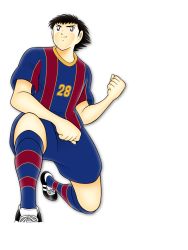 Rule 34 | 1boy, black hair, captain tsubasa, highres, male focus, non-web source, oozora tsubasa, shorts, simple background, smile, soccer, soccer uniform, solo, solo focus, sportswear