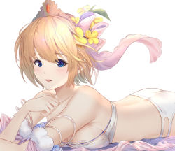 Rule 34 | 1girl, ass, bare shoulders, bikini, blonde hair, blue eyes, bow, breasts, cleavage, collarbone, crown, europa (granblue fantasy), europa (summer) (granblue fantasy), flower, granblue fantasy, hair bow, hair flower, hair ornament, looking at viewer, lying, mari (doraerin0), medium breasts, on stomach, parted lips, pink bow, pom pom (clothes), short hair, simple background, smile, solo, strapless, strapless bikini, swimsuit, white background, white bikini, yellow flower