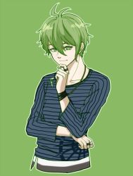 Rule 34 | 1boy, amami rantaro, antenna hair, bad id, bad twitter id, closed mouth, collarbone, commentary request, cropped torso, danganronpa (series), danganronpa v3: killing harmony, ear piercing, green background, green eyes, green hair, hair between eyes, hand on own chin, jewelry, long sleeves, looking at viewer, male focus, meipoi, messy hair, necklace, piercing, ring, shirt, short hair, simple background, smile, solo, striped clothes, striped shirt, thinking, thumb ring, upper body