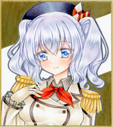 Rule 34 | 1girl, black hat, blue eyes, blush, breasts, buttons, commentary request, double-breasted, epaulettes, gloves, graphite (medium), hair between eyes, hand on own chest, hat, highres, kantai collection, kashima (kancolle), looking at viewer, marker (medium), medium breasts, military, military uniform, nekofish666, portrait, red neckwear, sidelocks, silver hair, smile, solo, traditional media, uniform, white gloves