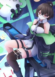 Rule 34 | 1girl, absurdres, asymmetrical legwear, azur lane, bare shoulders, black coat, black gloves, breasts, brown hair, brown thighhighs, chain, coat, from above, glasses, gloves, hair ornament, hairclip, highres, indoors, ingraham (azur lane), leotard, medium breasts, medium hair, messy hair, open clothes, open coat, osatou (soul of sugar), red eyes, shorts, single thighhigh, sitting, solo, strapless, strapless leotard, thighhighs, white shorts
