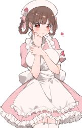 Rule 34 | 1girl, apron, armband, beeftanizoko, blush, braided hair rings, breasts, brown hair, dress, garter straps, hair rings, hat, heart, highres, idolmaster, idolmaster shiny colors, large breasts, looking at viewer, nurse, nurse cap, pink dress, puffy short sleeves, puffy sleeves, short sleeves, simple background, solo, sonoda chiyoko, thighhighs, white apron, white armband, white background, white garter straps, white thighhighs