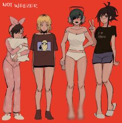 Rule 34 | album cover redraw, animal slippers, arms behind back, barefoot, beer can, black choker, black hair, black socks, blonde hair, blush, breasts, brown eyes, brown hair, bunny slippers, camisole, can, censored, censored feet, chainsaw man, character print, choker, cleavage, derivative work, despicable me, drink can, eyepatch, green eyes, hair ornament, hairband, hairclip, higashiyama kobeni, highres, himeno (chainsaw man), holding, holding can, hugging object, liowig, looking at viewer, looking down, looking to the side, makeshift headset, medium breasts, medium hair, minion (despicable me), mosaic censoring, multicolored hair, off shoulder, open mouth, pajamas, panties, pillow, pillow hug, pink hairband, pink pajamas, pointless censoring, red background, red eyes, roots (hair), sawatari akane (chainsaw man), scar, scar on face, scar on nose, short hair, short ponytail, short shorts, shorts, simple background, single sidelock, slippers, slit pupils, socks, standing, swept bangs, tendou michiko, underwear, v, weezer (band), white camisole, white panties