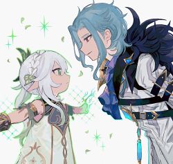 Rule 34 | 1boy, 1girl, ascot, bad id, bad twitter id, blue ascot, blue hair, closed mouth, coat, commentary, detached sleeves, dottore (genshin impact), dress, eye contact, flower, genshin impact, green eyes, green hair, hair between eyes, hair ornament, highres, leaf, long hair, looking at another, multicolored hair, nahida (genshin impact), parted lips, pointy ears, ponytail, profile, red eyes, shima (vivi do), side ponytail, simple background, sparkle, symbol-only commentary, white coat, white dress, white flower