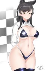Rule 34 | 1girl, animal ears, arms behind back, atago (azur lane), atago (stunning speedster) (azur lane), azur lane, bikini, black bikini, black hair, black thighhighs, breasts, brown eyes, checkered background, cleavage, commentary request, daroon5, extra ears, gradient background, highleg, highleg bikini, highres, korean commentary, large breasts, logo, long hair, looking at viewer, mixed-language commentary, mole, mole under eye, race queen, ribbon, shrug (clothing), smile, solo, standing, swimsuit, thighhighs, two-tone bikini, white background, white ribbon, wide hips