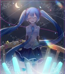 Rule 34 | 1girl, black skirt, blue hair, blue necktie, closed eyes, detached sleeves, english text, facing viewer, glowstick, happy birthday, hatsune miku, headset, highres, kazane mkrl, light particles, long hair, necktie, open mouth, penlight (glowstick), shirt, skirt, solo, spotlight, star (symbol), teeth, twintails, upper teeth only, vocaloid, white shirt