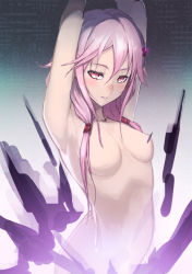 Rule 34 | 10s, 1girl, armpits, arms up, breasts, censored, convenient censoring, guilty crown, hair ornament, hairclip, long hair, no nipples, nude, ookuma nekosuke, open mouth, pink hair, sketch, small breasts, smile, solo, yuzuriha inori