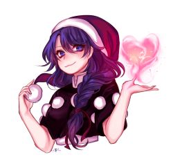 Rule 34 | 1girl, :3, black capelet, blue eyes, blue hair, braid, capelet, commentary request, cropped torso, doremy sweet, dream soul, hair between eyes, hair ribbon, hands up, hat, heart, long hair, looking at viewer, nightcap, pom pom (clothes), red ribbon, ribbon, santa hat, shan, side braid, simple background, single braid, smile, solo, touhou, upper body, white background