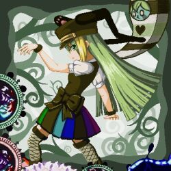 Rule 34 | 1girl, alina gray, black bow, black hat, black vest, blonde hair, bow, doppel (madoka magica), fishnet thighhighs, fishnets, from side, fur-trimmed thighhighs, fur cuffs, fur trim, green eyes, green hair, hat, long hair, looking at viewer, magia record: mahou shoujo madoka magica gaiden, magical girl, mahou shoujo madoka magica, multicolored clothes, multicolored hair, multicolored skirt, nonfuron, old dorothy, peaked cap, pixel art, pleated skirt, puffy short sleeves, puffy sleeves, short sleeves, sidelocks, skirt, sleeve cuffs, solo, straight hair, streaked hair, striped clothes, striped skirt, thighhighs, vertical-striped clothes, vertical-striped skirt, very long hair, vest, waist bow