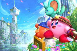 Rule 34 | :d, bandana waddle dee, blue eyes, blue sky, city, cityscape, day, elfilin, gonzarez, hat, highres, kirby, kirby (series), kirby and the forgotten land, nintendo, open mouth, outdoors, ranger kirby, ruins, sky, smile