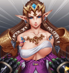 Rule 34 | 1girl, abdominal line, angry, armor, arms behind back, bare shoulders, blue eyes, bouncing breasts, breasts, brown hair, collarbone, commentary, dress, earrings, elbow gloves, emphasis lines, covered erect nipples, eyebrows, eyelashes, forehead jewel, ganondorf, gloves, imminent rape, jewelry, karosu maker, large breasts, lips, long hair, looking at viewer, medium breasts, nintendo, pauldrons, pointy ears, pov, princess zelda, shoulder armor, strapless, tearing clothes, the legend of zelda, the legend of zelda: twilight princess, tiara, torn clothes, torn dress, tube top, unaligned breasts, underboob, upper body, white gloves