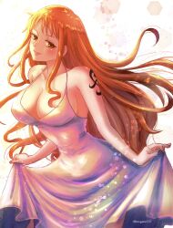 Rule 34 | 1girl, alternate costume, bare arms, bare shoulders, blush, breasts, cleavage, closed mouth, clothes lift, collarbone, commentary, cowboy shot, dress, dress lift, halter dress, halterneck, highres, large breasts, light particles, lips, long hair, looking at viewer, nami (one piece), narrow waist, one piece, orange eyes, oregano551, shoulder tattoo, single sidelock, smile, solo, tattoo, twitter username, wavy hair, white dress