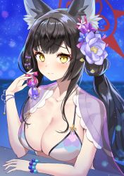 Rule 34 | 1girl, animal ear fluff, animal ears, bead bracelet, beads, bikini, bikini top only, black hair, blue archive, bracelet, breasts, cleavage, closed mouth, commentary, flower, fox ears, hair flower, hair ornament, halo, highres, jewelry, kiki-yu, large breasts, long hair, looking at viewer, low twintails, official alternate costume, solo, swimsuit, twintails, upper body, wakamo (blue archive), wakamo (swimsuit) (blue archive), yellow eyes