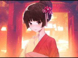 Rule 34 | 1girl, bad id, bad pixiv id, blush, brown eyes, brown hair, check copyright, closed mouth, copyright request, flower, hair bun, hair flower, hair ornament, heart, highres, japanese clothes, kimono, korean text, looking at viewer, multicolored clothes, multicolored kimono, original, oyabuli, red flower, single hair bun, solo, upper body