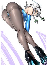 Rule 34 | 1girl, ass, bare shoulders, bent over, black pantyhose, blue eyes, blue leotard, braid, breasts, dutch angle, elbow gloves, from behind, gloves, high heels, highres, izayoi sakuya, kneepits, leotard, looking at viewer, looking back, maid headdress, medium breasts, pantyhose, shiny clothes, short hair, silver hair, simple background, solo, tajima yuuki, thighband pantyhose, touhou, twin braids, white background