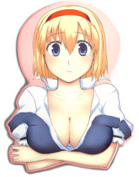Rule 34 | 1girl, alice margatroid, blonde hair, blue eyes, breast mousepad, breasts, cleavage, female focus, hairband, large breasts, mousepad, mousepad (medium), short hair, solo, touhou, upper body, uro (urotanc), white background