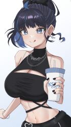 Rule 34 | 1girl, :q, absurdres, ahoge, bare shoulders, bead bracelet, beads, belt, black belt, black hair, black pants, black shirt, blue eyes, blue hair, bracelet, breasts, chain necklace, character name, cleavage, cleavage cutout, clothing cutout, colored inner hair, crop top, cup, disposable cup, earrings, high ponytail, highres, holding, holding cup, jewelry, kson, kson (6th costume), large breasts, midriff, multicolored hair, narrow waist, navel, necklace, nyu-tan94, official alternate costume, pants, shirt, short hair, simple background, solo, stomach, streaked hair, stud earrings, tongue, tongue out, turtleneck, virtual youtuber, vshojo, white background