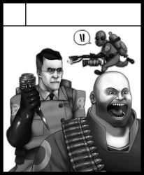 Rule 34 | !, 3boys, bald, bandolier, circle cut, drymon, facial hair, flamethrower, gas mask, glasses, gloves, greyscale, heavy (tf2), knife, lab coat, male focus, mask, medic (tf2), monochrome, multiple boys, necktie, open mouth, pyro (tf2), rubber gloves, spy (tf2), stubble, team fortress 2, weapon