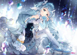 Rule 34 | 1girl, :3, ancotaku, animal, artist name, bare shoulders, blue eyes, blue hair, blue ribbon, brooch, closed eyes, clothed animal, corset, crown, curly hair, detached sleeves, dress, earrings, elbows on knees, frilled skirt, frills, from side, full body, hair ornament, hands on own cheeks, hands on own face, hatsune miku, high heels, jewelry, layered skirt, long hair, looking at viewer, mini crown, pumps, rabbit, ribbon, sidelocks, sitting, skirt, sleeveless, sleeveless dress, smile, thighhighs, tiara, twintails, very long hair, vocaloid, white thighhighs, yuki miku, yukine (vocaloid)