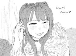Rule 34 | 1girl, adjusting hair, blush, choker, earrings, frills, greyscale, happy, jewelry, long hair, looking at viewer, mohato official, monochrome, original, ring, screentones, smile, solo, twintails