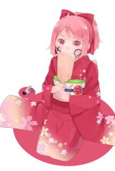 Rule 34 | 10s, 1girl, ahoge, alternate hairstyle, bow, commentary, feathers, floral print, hair bow, highres, japanese clothes, kantai collection, kimono, long sleeves, looking at viewer, obi, paint splatter, paint splatter on face, pink eyes, pink hair, ponytail, sash, sazanami (kancolle), seiza, sidelocks, sitting, solo, suppaman (rfjy), white background, wide sleeves, yukata