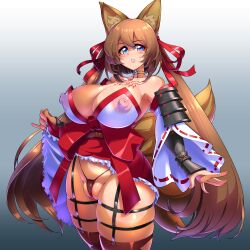 Rule 34 | 1girl, absurdres, animal ears, areola slip, bare shoulders, blue eyes, breasts, brown hair, caleen keemosn, choker, cleavage, clothes lift, commission, covered erect nipples, detached sleeves, fox ears, fox ears, fox girl, fox tail, garter belt, garter straps, garters, hair ribbon, highres, huge breasts, japanese clothes, long hair, looking at viewer, miko, multiple tails, ribbon, runes, ryoi, skirt, skirt lift, star ocean, star ocean anamnesis, tail, thick thighs, thighhighs, thighs, thong, twintails, very long hair, wide hips