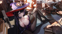 Rule 34 | 1girl, black hair, blue leotard, blush, book, book stack, breasts, candle, choker, cleavage, genshin impact, gloves, green eyes, hair ornament, hat, highres, jewelry, large breasts, leotard, long hair, looking at viewer, mona (genshin impact), omone hokoma agm, pantyhose, solo, twintails, witch hat