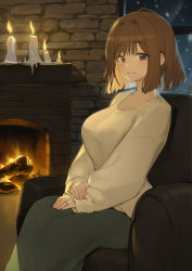 Rule 34 | absurdres, blush, breasts, brick wall, brown hair, candle, candle wax, chair, collarbone, fireplace, girls&#039; frontline, grizzly mkv (girls&#039; frontline), hair intakes, hands on lap, highres, jewelry, large breasts, long sleeves, open mouth, purple eyes, ring, romana, short hair, sitting, skirt, sleeves past wrists, smile, snow, solo, sweater, teeth, thick eyebrows, window