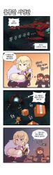 Rule 34 | 4girls, 4koma, blonde hair, breast lift, breasts, clenched hand, comic, croia (master of eternity), crossed arms, earrings, epaulettes, feather boa, grey eyes, heart, highres, imperial soldier (master of eternity), jewelry, korean text, large breasts, lovestruck, master of eternity, military, military uniform, multiple girls, nestkeeper, open mouth, package, panicking, running, short hair, smile, smug, space, spacecraft, striped, stuffed animal, stuffed toy, sweat, teddy bear, translation request, tsurime, uniform