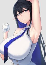 Rule 34 | 1girl, armpits, black hair, blue archive, blue eyes, blue necktie, breasts, collared shirt, colored inner hair, glasses, gloves, highres, huge breasts, long hair, multicolored hair, necktie, pointy ears, presenting armpit, rin (blue archive), shirt, sleeveless, sleeveless shirt, sweat, tyamurai33, upper body, white gloves