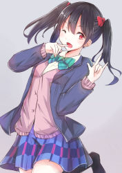 Rule 34 | 10s, 1girl, ;d, \m/, bad id, bad pixiv id, black hair, blazer, bow, cardigan, finger to mouth, jacket, looking at viewer, love live!, love live! school idol project, onakasuitao!, one eye closed, open mouth, plaid, plaid skirt, red eyes, school uniform, skirt, smile, solo, twintails, yazawa nico