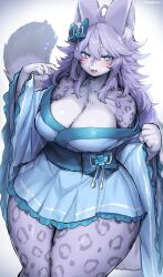 Rule 34 | 1girl, absurdres, animal ears, animal nose, animal print, blue bow, blue eyes, blue kimono, blush, body fur, bow, breasts, cleavage, facial mark, fangs, furry, furry female, hair bow, highres, japanese clothes, kimono, large breasts, leopard ears, leopard girl, leopard print, leopard tail, long hair, looking at viewer, obi, off shoulder, open mouth, original, purple fur, purple hair, sash, snout, solo, suurin (ksyaro), tail, twitter username, whisker markings
