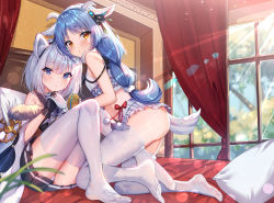 Rule 34 | 2girls, absurdres, animal ears, animistic, ass, bare arms, bare shoulders, bed, black gloves, black skirt, blue eyes, blue hair, cat ears, crop top, curtains, day, fur trim, gloves, holding hands, highres, huge filesize, indoors, knees up, light rays, long hair, looking at viewer, looking back, midriff, miniskirt, multiple girls, no shoes, off shoulder, on bed, orange eyes, panties, parted lips, pillow, pleated skirt, shanguier, sheep ears, shirt, silver hair, sitting, skirt, sleeveless, sleeveless shirt, sunbeam, sunlight, tail, thighhighs, thighs, underwear, white gloves, white legwear, white panties, white shirt, white skirt, wide sleeves, window
