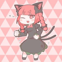 Rule 34 | 1girl, ;3, ;d, animal ears, blush, bow, braid, cat ears, cat tail, chibi, dancing, dress, fang, full body, hair bow, highres, kaenbyou rin, long hair, long sleeves, multiple tails, nekomata, one eye closed, open mouth, pink background, red eyes, red hair, simple background, smile, solo, tail, touhou, twin braids, zenerat