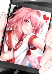 Rule 34 | 1boy, astolfo (fate), astolfo (sailor paladin) (fate), black bow, blurry, blush, bow, braid, cellphone, closed mouth, clothes pull, collarbone, depth of field, fang, fang out, fate/grand order, fate (series), fingernails, hair between eyes, hair bow, hair intakes, head tilt, heart, highres, holding, holding phone, long hair, looking at viewer, male focus, multicolored eyes, neckerchief, official alternate costume, outstretched arm, phone, pink eyes, pink hair, pov, pov hands, red neckerchief, red sailor collar, sailor collar, school uniform, selfie, serafuku, shirt pull, short sleeves, sidelocks, simple background, single braid, skin fang, smartphone, smile, solo focus, spoken heart, takatun223, trap, upper body, white background, yellow eyes