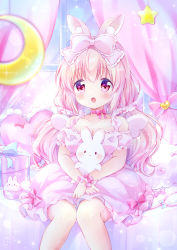 Rule 34 | 1girl, animal ears, bow, bow choker, breasts, chiika (cure cherish), cleavage, curtains, dress, hair bow, large breasts, long hair, looking at viewer, low twintails, original, pink bow, pink eyes, pink hair, rabbit, rabbit ears, scrunchie, sitting, solo, twintails, wristband