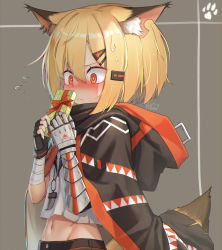 Rule 34 | 1girl, animal ear fluff, animal ears, arknights, black gloves, black jacket, black shorts, blonde hair, blouse, blush, bow, box, constricted pupils, ear piercing, embarrassed, fingerless gloves, flying sweatdrops, fox ears, fox girl, fox tail, gift, gift box, gloves, hair between eyes, hair ornament, hairclip, highres, holding, holding gift, hood, hooded jacket, jacket, midriff, mitake eil, navel, nose blush, notched ear, orange eyes, piercing, red bow, shirt, short hair, shorts, solo, sweatdrop, tail, valentine, vermeil (arknights), white shirt