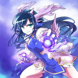 Rule 34 | 1girl, aqua eyes, black hair, chinese clothes, dragon horns, dragon tail, fingerless gloves, gloves, hair ornament, highres, horns, ishiyumi, karin (p&amp;d), long hair, looking at viewer, puzzle &amp; dragons, smile, solo, tail, vambraces