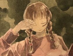 Rule 34 | 1girl, braid, brown background, brown hair, closed eyes, commentary, expressionless, facing viewer, hair over shoulder, hand up, head tilt, koto (patina375887), long hair, long sleeves, madotsuki, painting (medium), parted lips, pink sweater, rubbing eyes, solo, straight-on, sweater, traditional media, twin braids, upper body, watercolor (medium), yume nikki