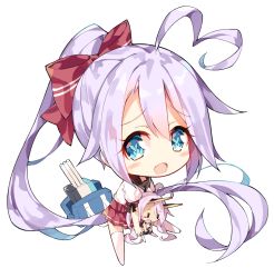 Rule 34 | 1girl, :d, absurdly long hair, ahoge, azur lane, bag, black sailor collar, blue eyes, blush, bow, cannon, character doll, chibi, commentary request, fang, full body, hair between eyes, hair bow, heart, heart-shaped pupils, high ponytail, indianapolis (azur lane), long hair, looking at viewer, no shoes, open mouth, pleated skirt, ponytail, portland (at school with indy!) (azur lane), portland (azur lane), puffy short sleeves, puffy sleeves, purple hair, red bow, red skirt, sailor collar, school bag, school uniform, serafuku, shirt, short sleeves, simple background, skirt, smile, solo, symbol-shaped pupils, thighhighs, turret, unacchi (nyusankin), very long hair, white background, white shirt, white thighhighs