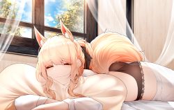 Rule 34 | 1girl, absurdres, animal ears, arknights, ass, black bow, black panties, blanket, blemishine (arknights), blonde hair, blush, bow, closed eyes, closed mouth, curtains, extra ears, hair bow, highres, horse ears, horse girl, indoors, long hair, long sleeves, lying, hugging object, on bed, on stomach, panties, pillow, pillow hug, ponytail, samip, shirt, sidelocks, sleeping, smile, solo, underwear, white shirt, window