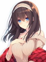 Rule 34 | 10s, 1girl, blue eyes, blush, breasts, brown hair, closed mouth, hair between eyes, hairband, hand on own chest, idolmaster, idolmaster cinderella girls, jewelry, large breasts, light smile, long hair, looking at viewer, mayachi (amuriya), necklace, off shoulder, ribbed sweater, sagisawa fumika, shadow, shawl, simple background, solo, sweater, upper body, white background