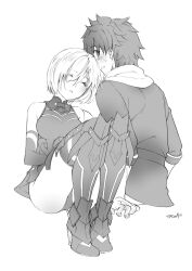 Rule 34 | 1boy, 1girl, armor, armored dress, blush, breasts, elbow gloves, fate/grand order, fate (series), fujimaru ritsuka (male), fujimaru ritsuka (male) (true ether chaldea uniform), gloves, greaves, greyscale, highres, invisible chair, large breasts, leaning on person, looking at another, mash kyrielight, monochrome, nakashima tai, sabaton, scarf, short hair, simple background, sitting, sleeping, sleeveless, sweat, upskirt