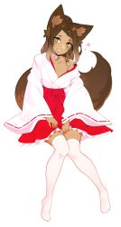 Rule 34 | 1girl, animal ear fluff, animal ears, braid, brown eyes, brown hair, collar, commission, dark-skinned female, dark skin, facial mark, fox ears, fox tail, full body, halphelt, highres, japanese clothes, long hair, looking at viewer, miko, no shoes, off shoulder, original, parted lips, red ribbon, ribbon, ribbon-trimmed sleeves, ribbon trim, sitting, solo, tail, thighhighs, whisker markings, white thighhighs, wide sleeves