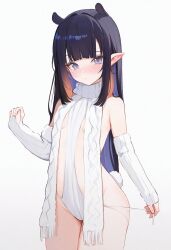 Rule 34 | 1girl, blue eyes, blunt bangs, breasts, detached sleeves, gradient hair, highres, hololive, hololive english, koahri, long hair, looking at viewer, meme attire, multicolored hair, ninomae ina&#039;nis, orange hair, pointy ears, purple hair, rabbit tail, ribbed sweater, sidelocks, small breasts, solo, sweater, tail, tentacle hair, thighs, turtleneck, turtleneck sweater, very long hair, virtual youtuber, white sweater