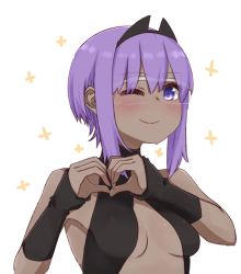 Rule 34 | 1girl, ;), bare shoulders, black leotard, blush, breasts, dark-skinned female, dark skin, fate/prototype, fate/prototype: fragments of blue and silver, fate (series), glasses, hassan of serenity (fate), heart, heart hands, i.u.y, leotard, one eye closed, purple eyes, purple hair, simple background, small breasts, smile, solo, upper body, white background