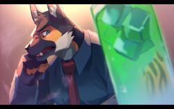 Rule 34 | 1boy, animal ear fluff, animal ears, another eidos-r, bara, barlitz (another eidos), blue eyes, blue shirt, blurry, cup, depth of field, dog boy, dog ears, drinking glass, fang, fingerless gloves, furry, furry male, gloves, gradient background, head rest, highres, ice, ice cube, kukku kuu, letterboxed, looking at object, male focus, multicolored fur, necktie, open mouth, red necktie, shirt, solo, upper body