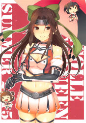Rule 34 | 1girl, absurdres, adapted costume, bare shoulders, bow, breasts, brown eyes, brown hair, character doll, cleavage, cleavage cutout, closed mouth, clothing cutout, creatures (company), elgyem, game freak, gen 5 pokemon, gloves, green bow, hair bow, headband, highres, holding, horosuke, jintsuu (kancolle), kantai collection, long hair, medium breasts, midriff, miniskirt, multiple girls, naka (kancolle), navel, nintendo, pokemon, pokemon (creature), race queen, sendai (kancolle), shiny clothes, shiny skin, simple background, skirt, sleeveless, smile, standing, stomach, thighhighs, umbrella, zettai ryouiki